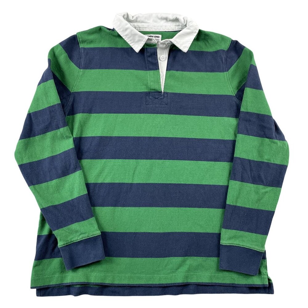 VTG‎ Land's End Rugby Shirt Boys Medium 10-12 Green Navy Long Sleeve Polo